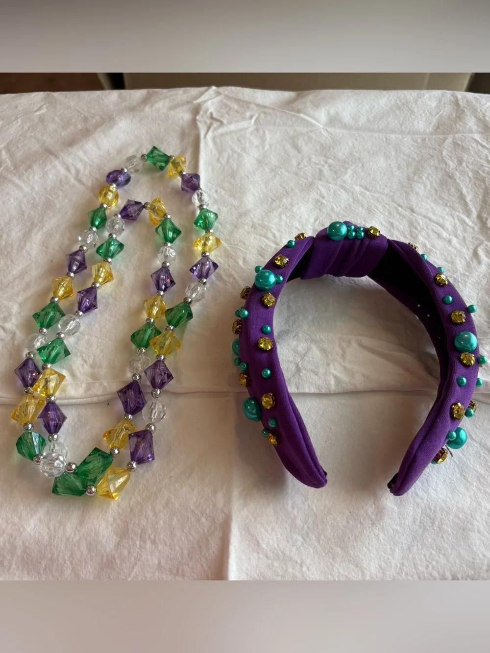 Mardi Gras Purple Knotted Headband with Turquoise Beads and Gold Accents